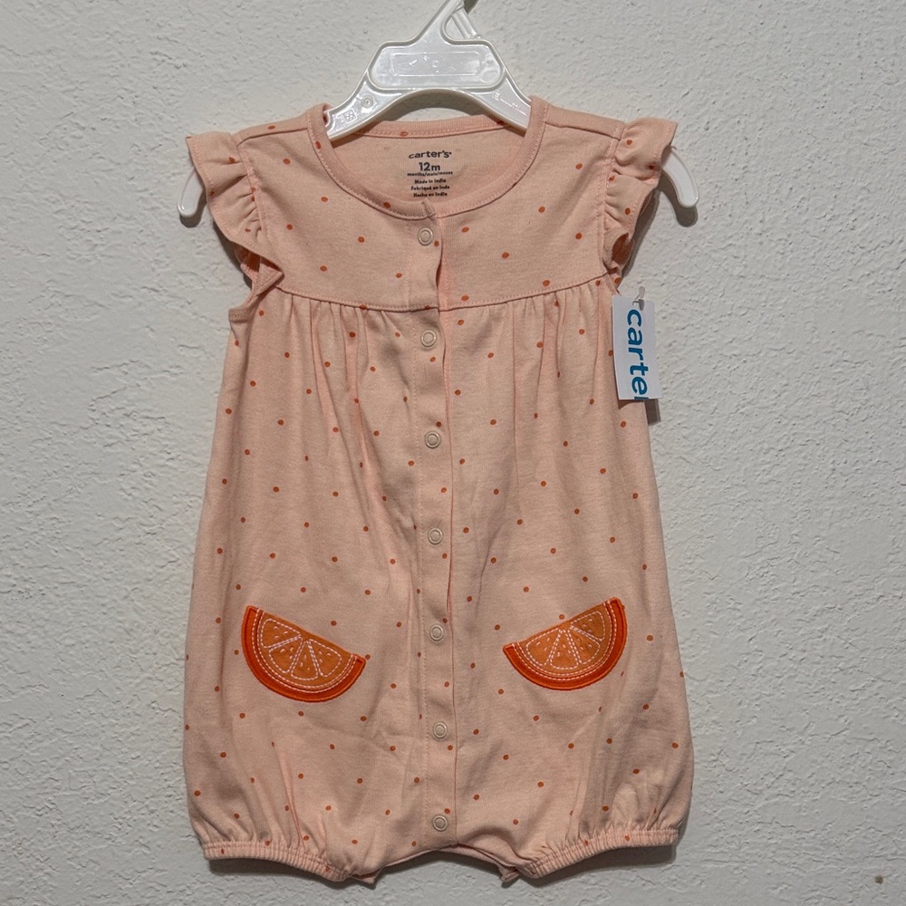 Carter's Peach Polka Dot Romper with Orange Citrus Pockets